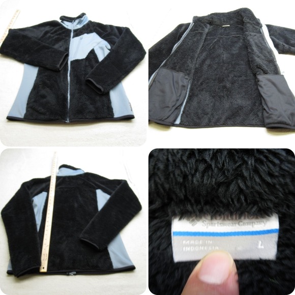 Columbia Jacket Womens Large Black Blue Colorblock Pockets Fuzzy Fleece Full Zip - Picture 1 of 14